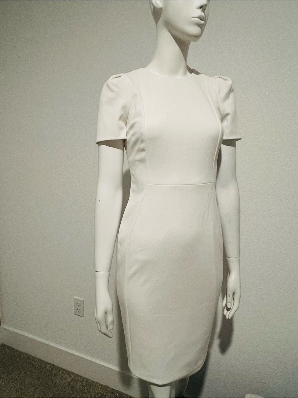 Calvin Klein White Midi Sheath Dress with Puff Shoulders
